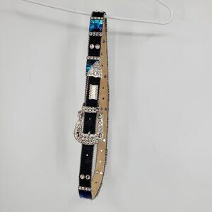 Wild Fire Black Leather Blue Square Gem Rhinestone Studded Western Belt Size XL